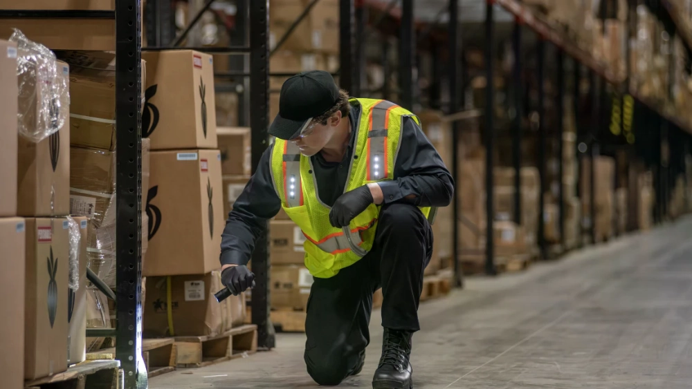 warehouse worker accessing boxes in stacks 