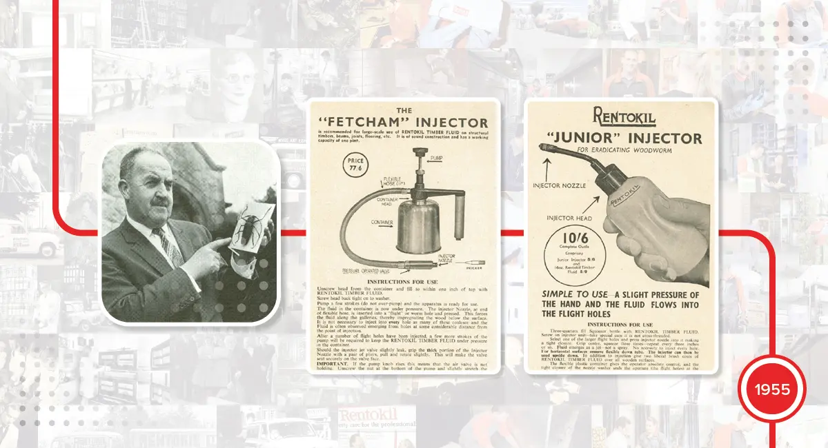 (Izquierda) Folleto promocional del inyector Fetcham (principios de la década de 1950). |  (Derecha) Inyector Rentokil 'Junior' para erradicar la carcoma (principios de la década de 1950).