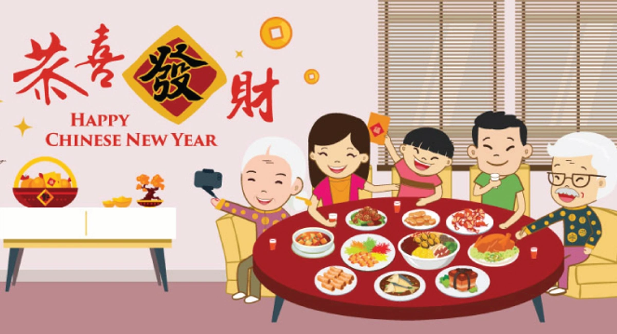 Cartoon reunion at dinner for Chinese new year