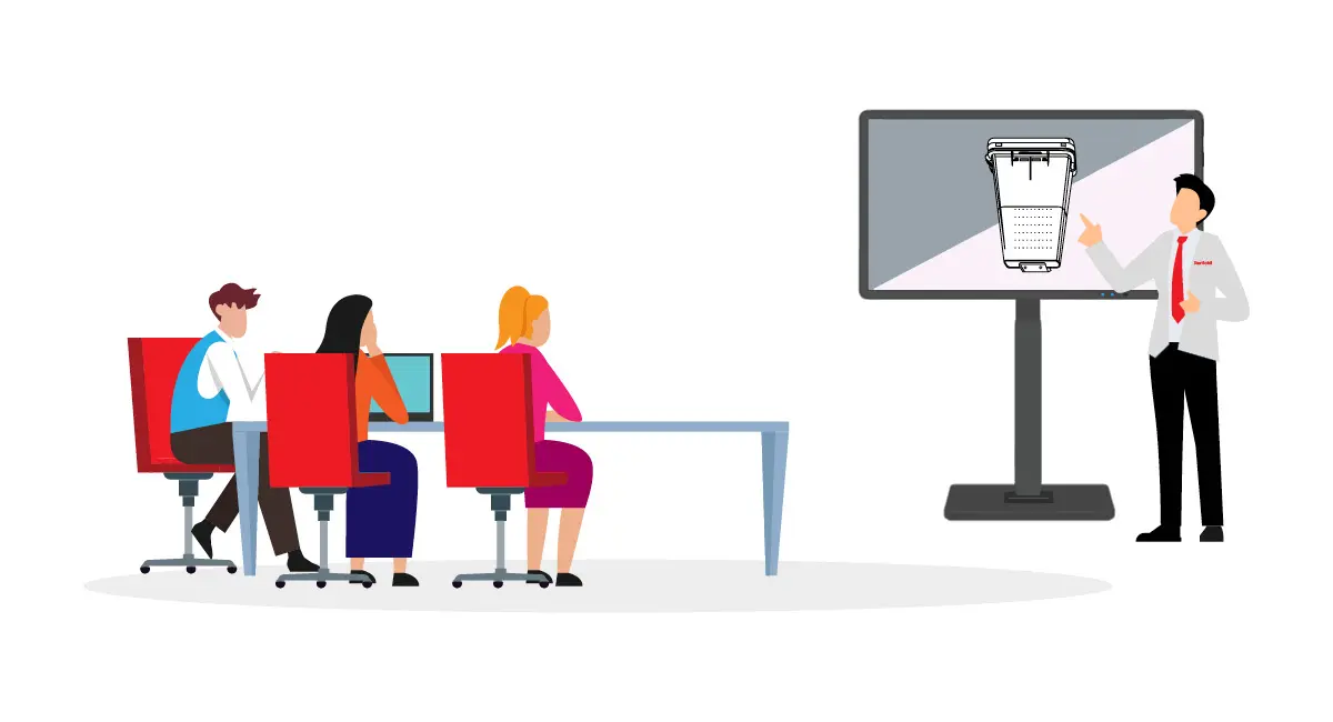A professional presenting a technical product diagram on a large screen to a seated audience.