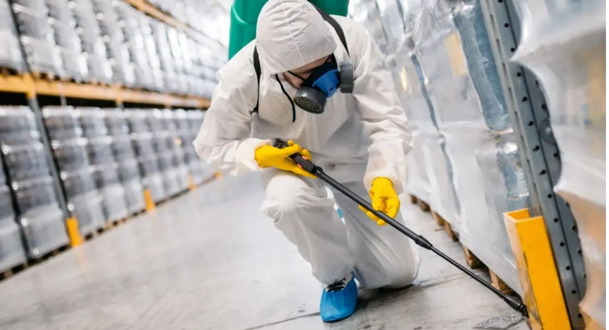 A professional cleaner, wearing a full white protective suit, a respirator, and yellow gloves, is squatting inside a warehouse, using a spray gun to perform deep disinfection and sterilization at the bottom of the shelves.
