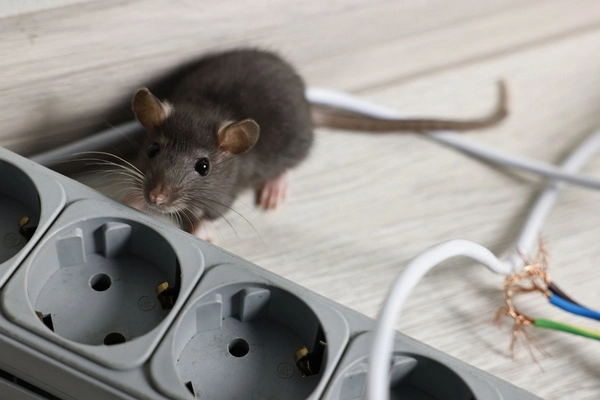 A dark grey mouse standing next to a grey power strip and a damaged white electrical cord with exposed wires.