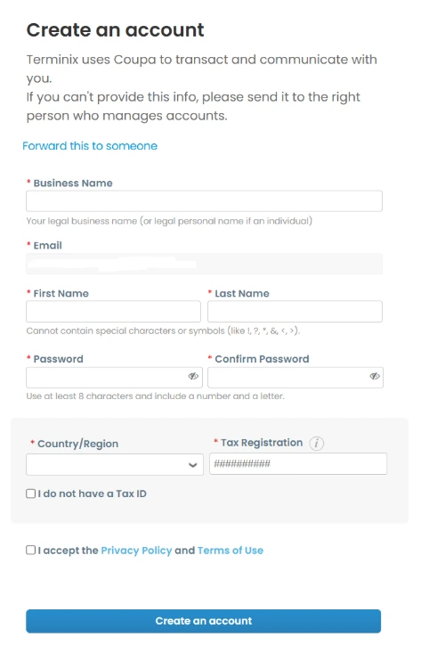 Coupa account creation form