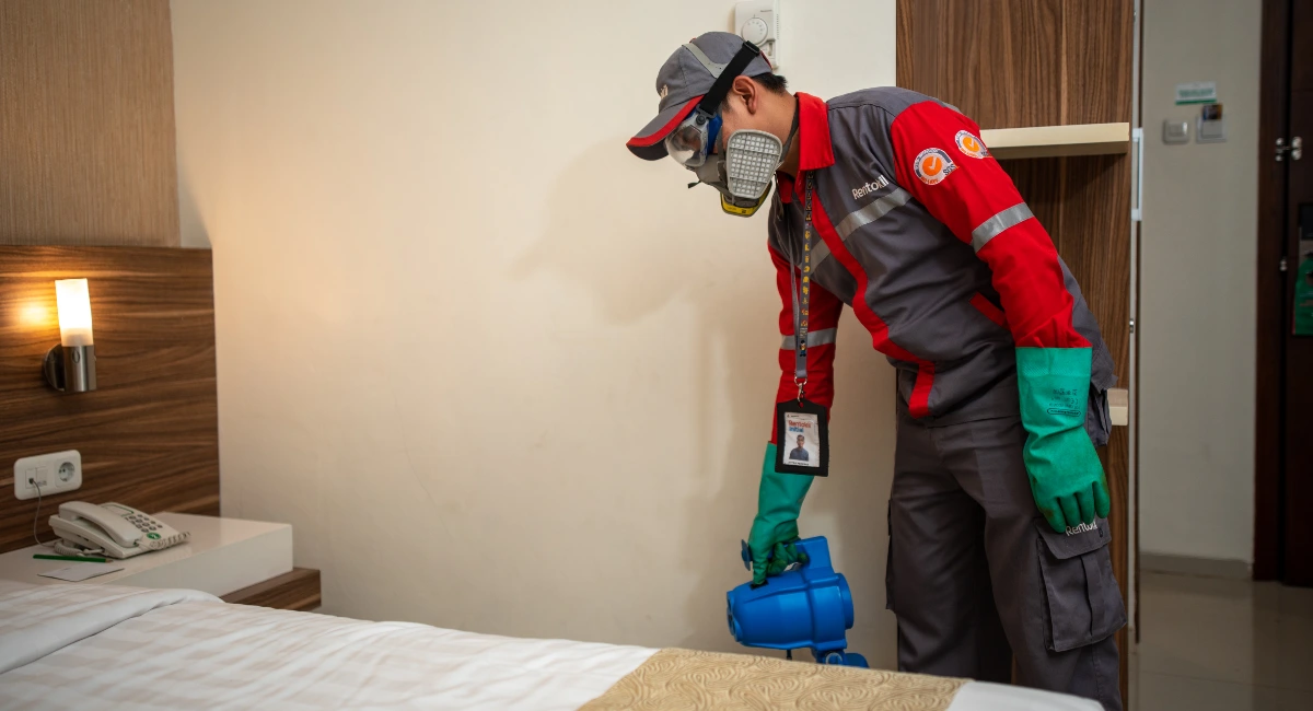 Rentokil Servicetechniker untersucht ein Hotelzimmer auf Bettwanzen