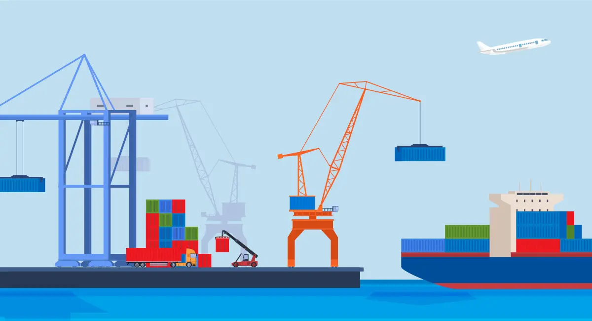 A busy shipping port with cranes loading colorful cargo containers onto a large freight ship.