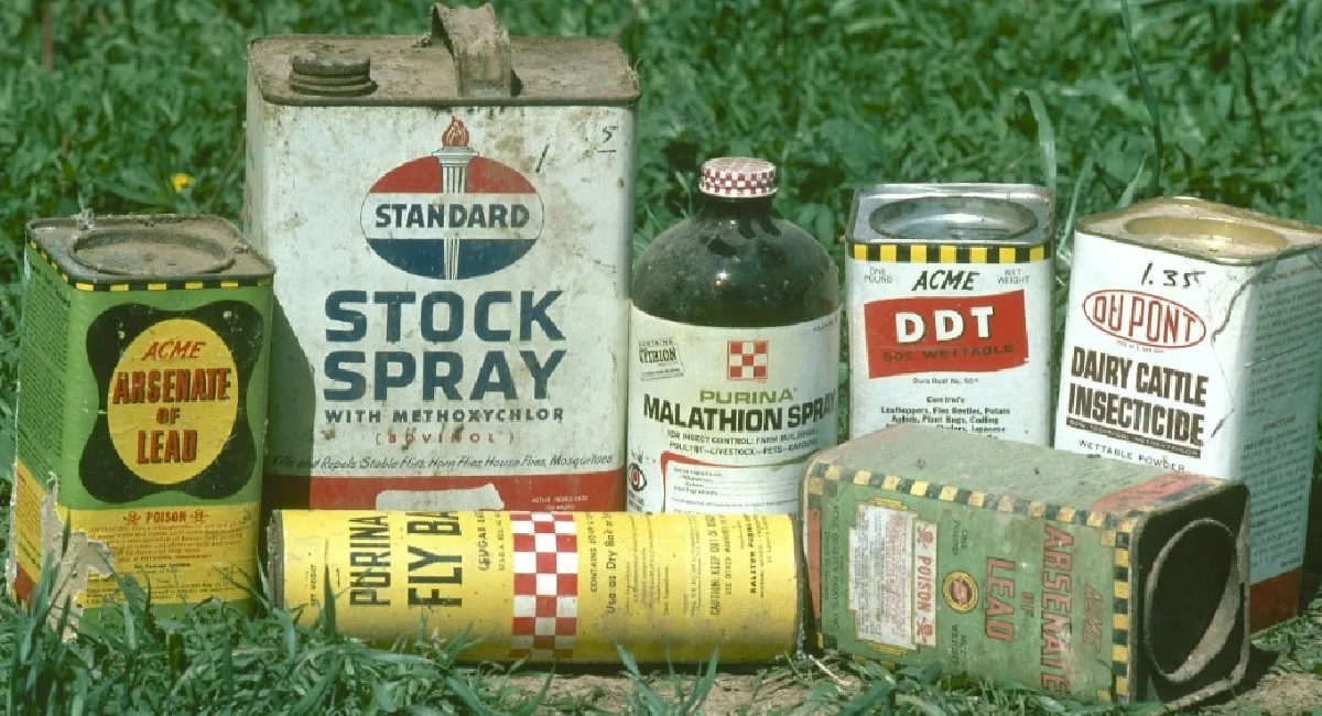 Embalagens de produtos à base de DDT que foram proibidos em diversos países. 