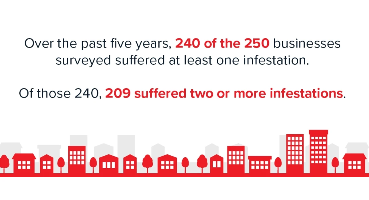 Over the past five years, 240 of 250 businesses surveyed suffered at least one infestation. Of those 240, 209 suffered two or more infestations.