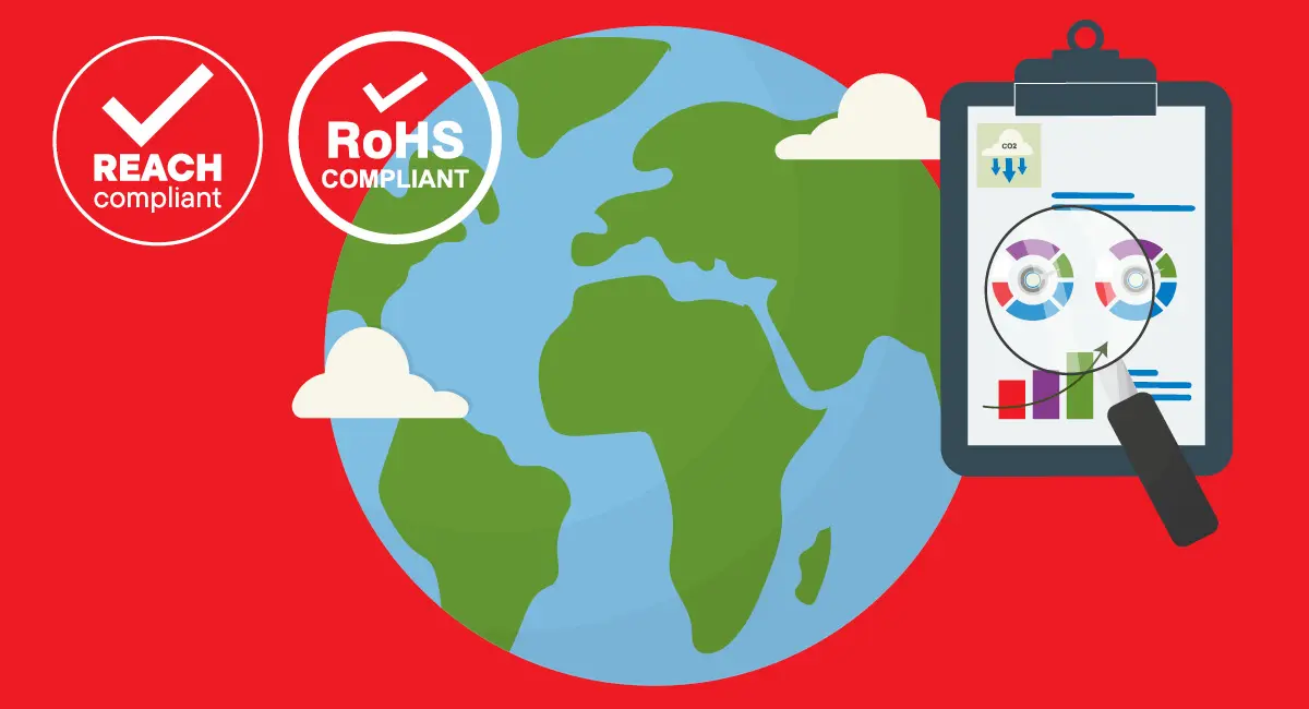 An illustration of the Earth next to a sustainability report and compliance certification seals.