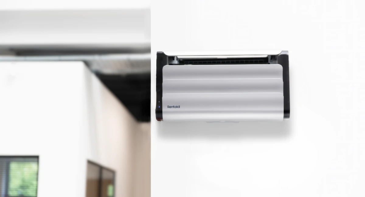 A Lumia Standard LED insect light trap mounted on a white wall