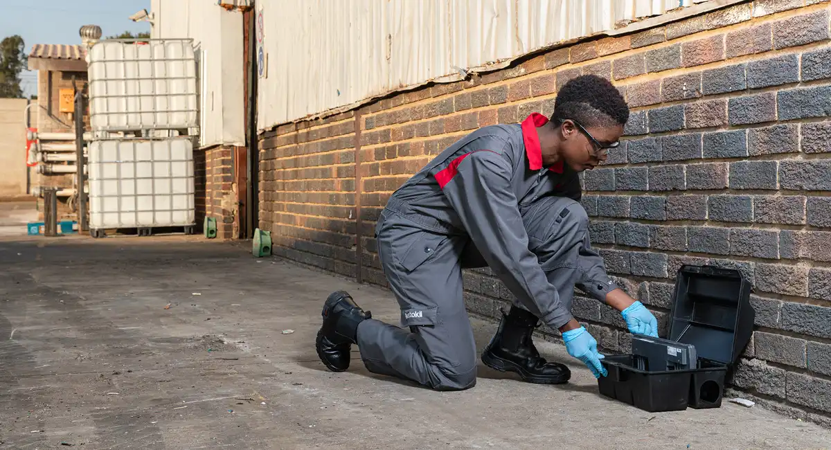 A technician kneeling down to inspect an outdoor bait station alongside a brick wall.