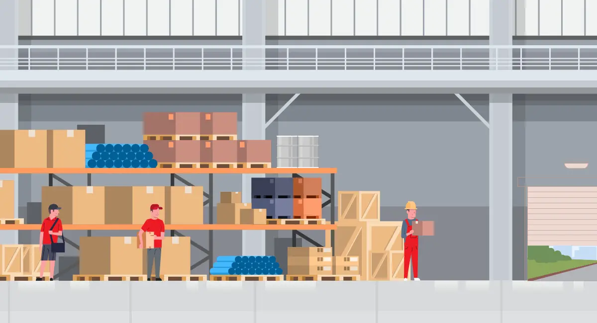Warehouse staff organizing and moving Various crates and boxes on industrial storage racks.