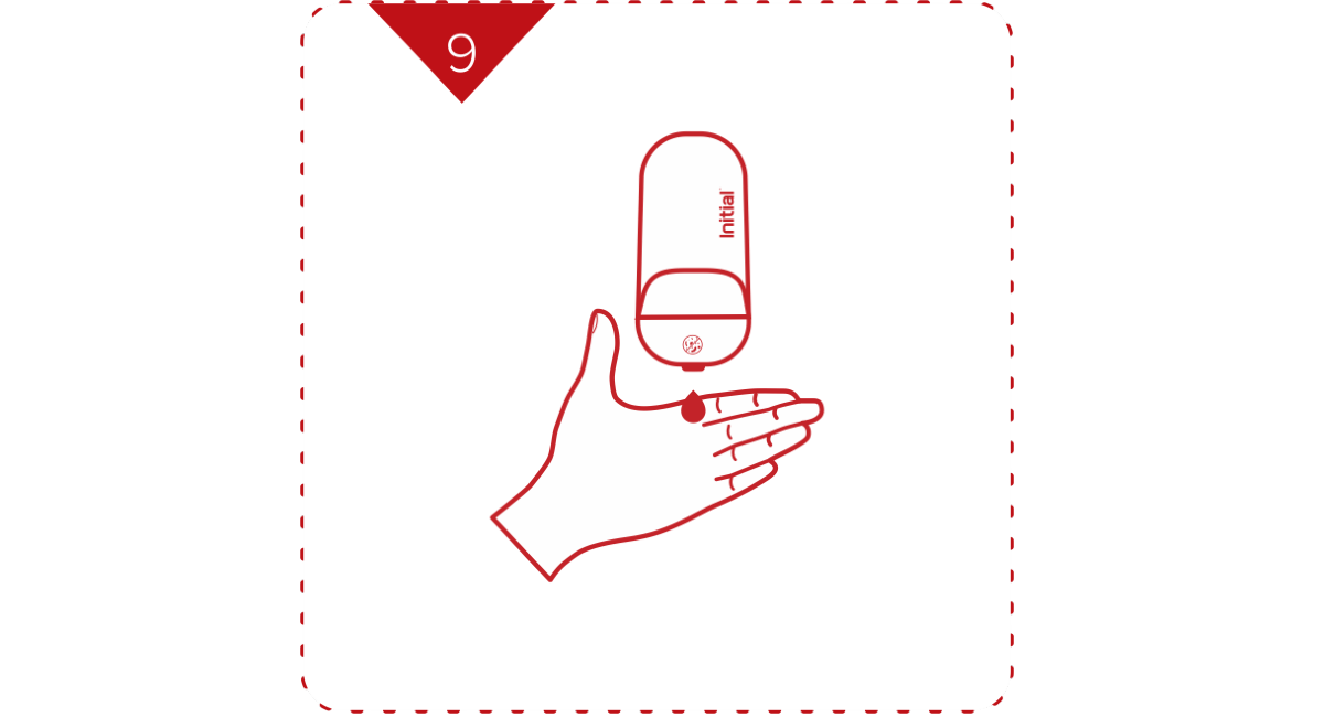 Sanitize as mãos com álcool em gel, cobrindo todas as superfícies, inclusive entre os dedos e ao redor a ponta dos dedos e unhas.