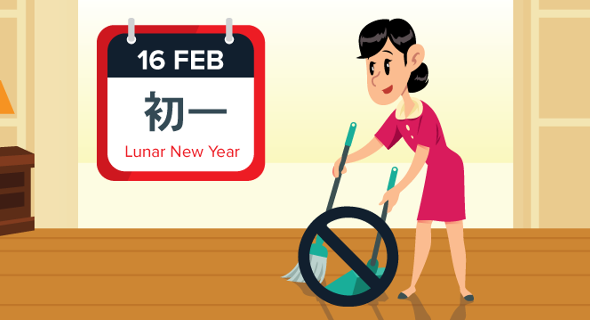 Cartoon maid sweeping the floor Chinese new year
