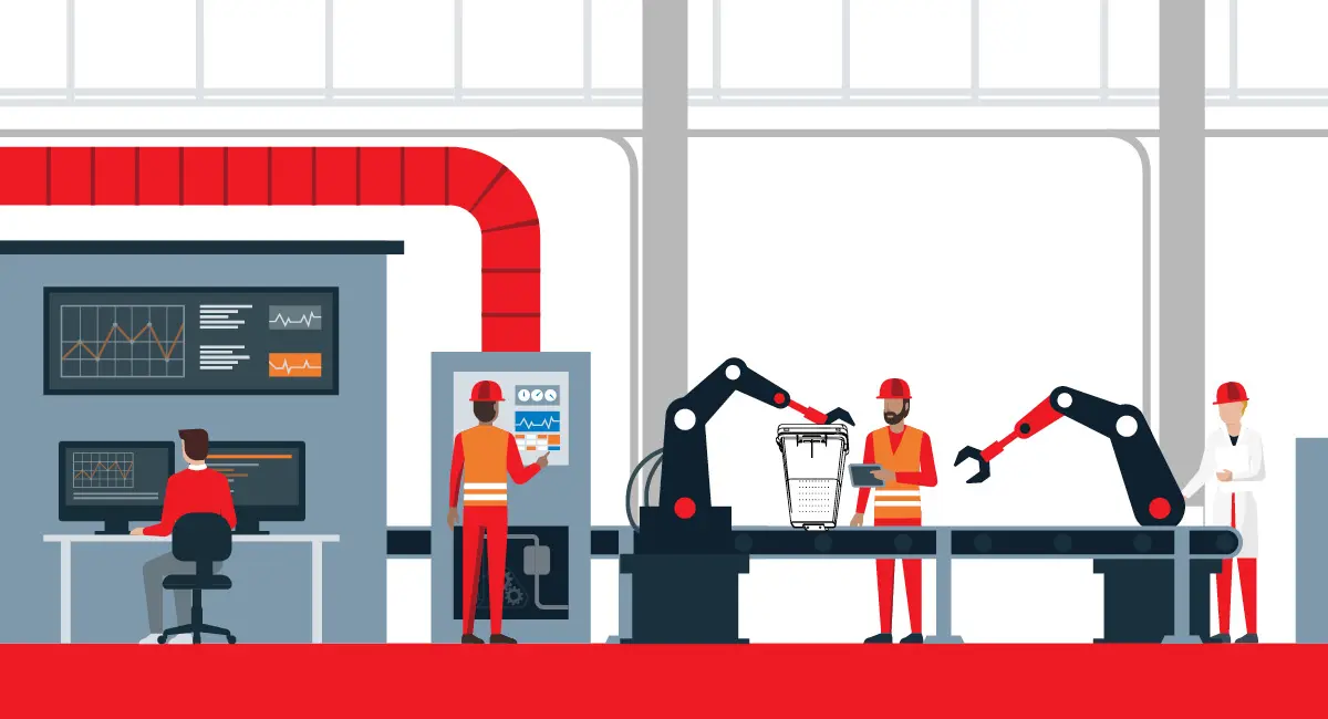 Workers and robotic arms operating an automated assembly line in a clean industrial factory.